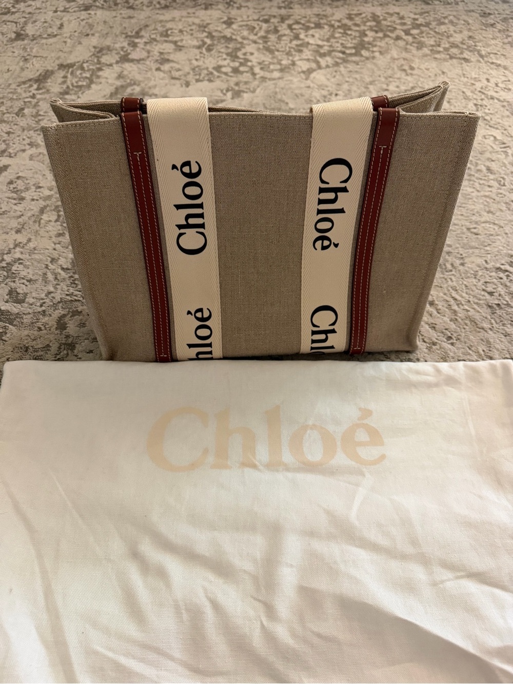 Chloé Beige Canvas Tote with Branded Cream Straps and Brown Trim